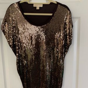 Michael Kors Gold + Brown Sequin Top Short Sleeve (Small hole back top of shirt)